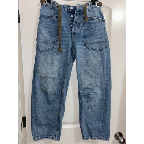 Free People Women’s Moxie Barrel Jeans size 26 NWOT Rope Belt Patched Distressed - Picture 3 of 9
